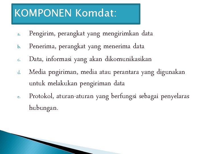 KOMPONEN Komdat: a. b. c. d. e. Pengirim, perangkat yang mengirimkan data Penerima, perangkat