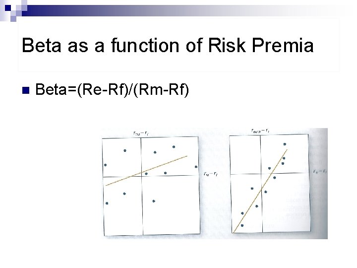 Beta as a function of Risk Premia n Beta=(Re-Rf)/(Rm-Rf) 