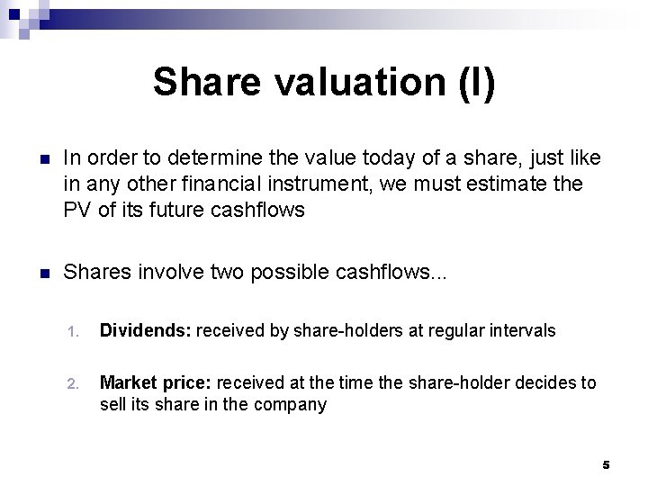 Share valuation (I) n In order to determine the value today of a share,