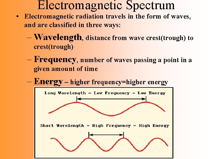 Electromagnetic Spectrum • Electromagnetic radiation travels in the form of waves, and are classified Electromagnetic Spectrum • Electromagnetic radiation travels in the form of waves, and are classified