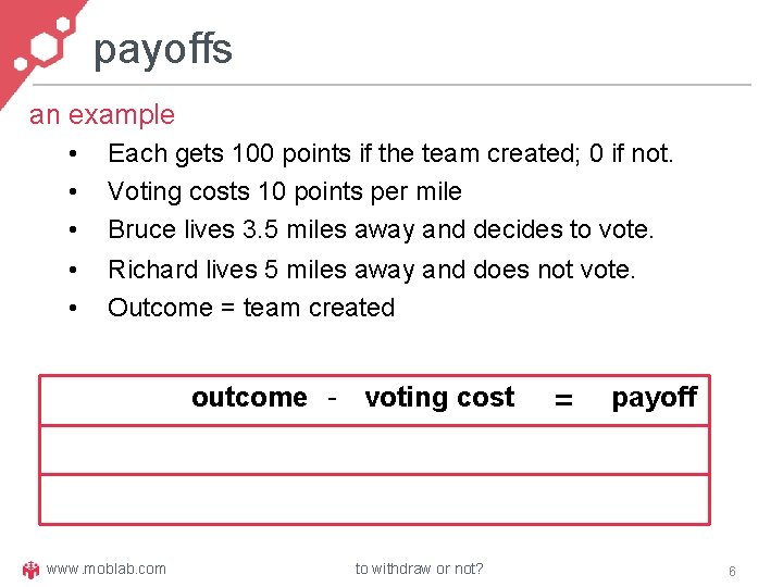 payoffs an example • • • Each gets 100 points if the team created;