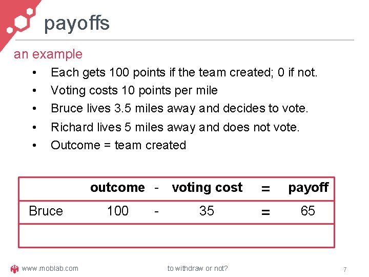 payoffs an example • • • Each gets 100 points if the team created;