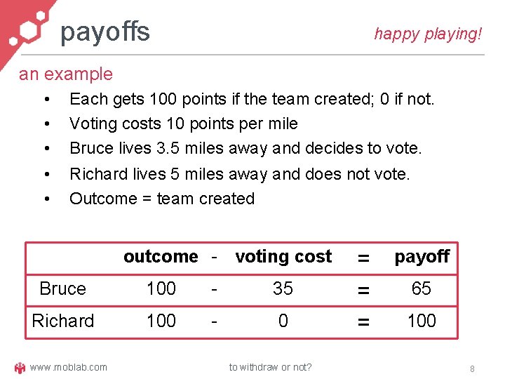 payoffs happy playing! an example • • • Each gets 100 points if the
