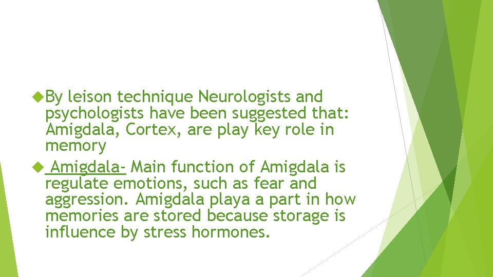  By leison technique Neurologists and psychologists have been suggested that: Amigdala, Cortex, are