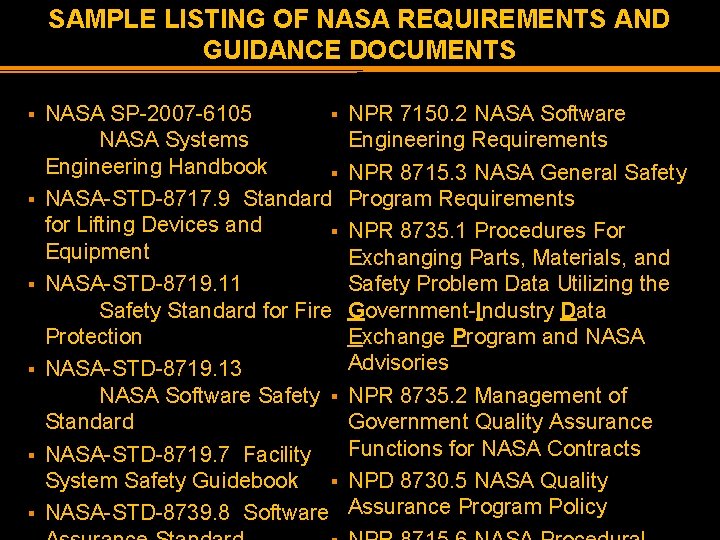 SAMPLE LISTING OF NASA REQUIREMENTS AND GUIDANCE DOCUMENTS § § § NASA SP-2007 -6105