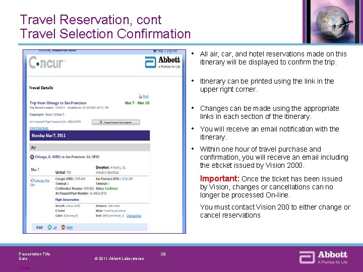 Travel Reservation, cont Travel Selection Confirmation • All air, car, and hotel reservations made