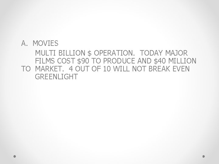 A. MOVIES MULTI BILLION $ OPERATION. TODAY MAJOR FILMS COST $90 TO PRODUCE AND