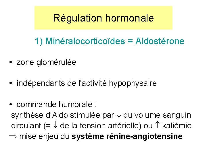 Régulation hormonale 1) Minéralocorticoïdes = Aldostérone zone glomérulée indépendants de l'activité hypophysaire commande humorale Régulation hormonale 1) Minéralocorticoïdes = Aldostérone zone glomérulée indépendants de l'activité hypophysaire commande humorale