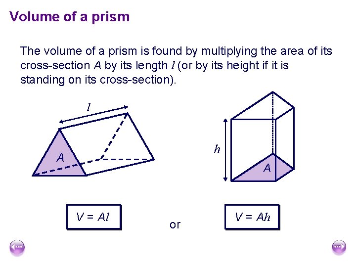 Volume of a prism The volume of a prism is found by multiplying the