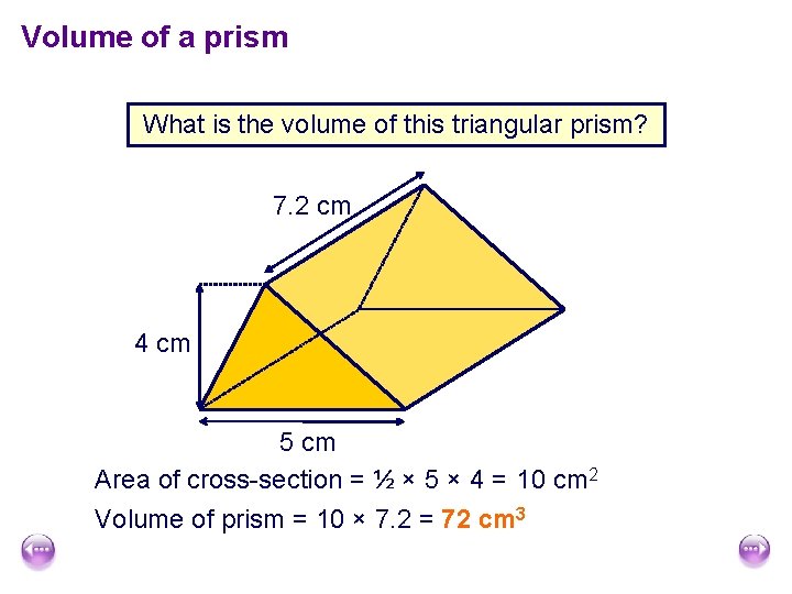 Volume of a prism What is the volume of this triangular prism? 7. 2