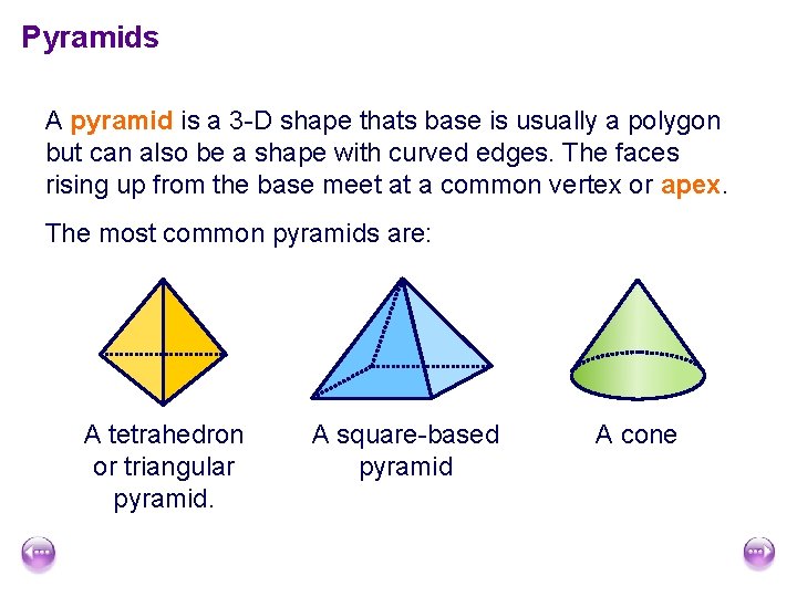 Pyramids A pyramid is a 3 -D shape thats base is usually a polygon