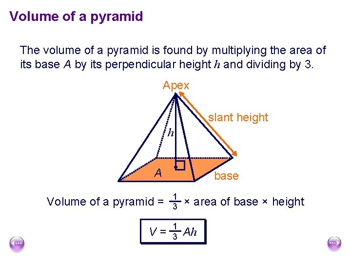 Volume of a pyramid The volume of a pyramid is found by multiplying the