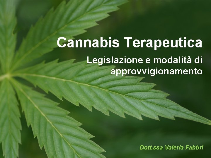 Cannabis Terapeutica Legislazione e modalità di approvvigionamento Dott. ssa Valeria Fabbri 