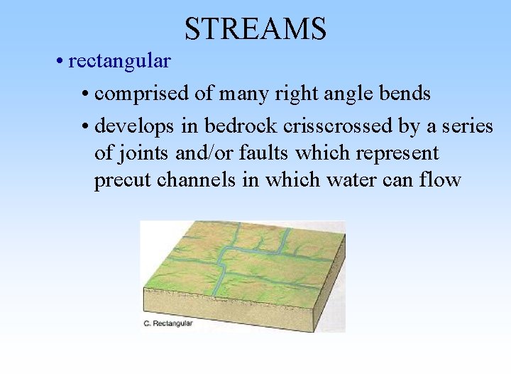 STREAMS • rectangular • comprised of many right angle bends • develops in bedrock STREAMS • rectangular • comprised of many right angle bends • develops in bedrock