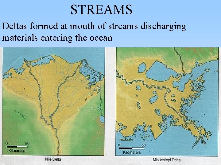 STREAMS Deltas formed at mouth of streams discharging materials entering the ocean STREAMS Deltas formed at mouth of streams discharging materials entering the ocean