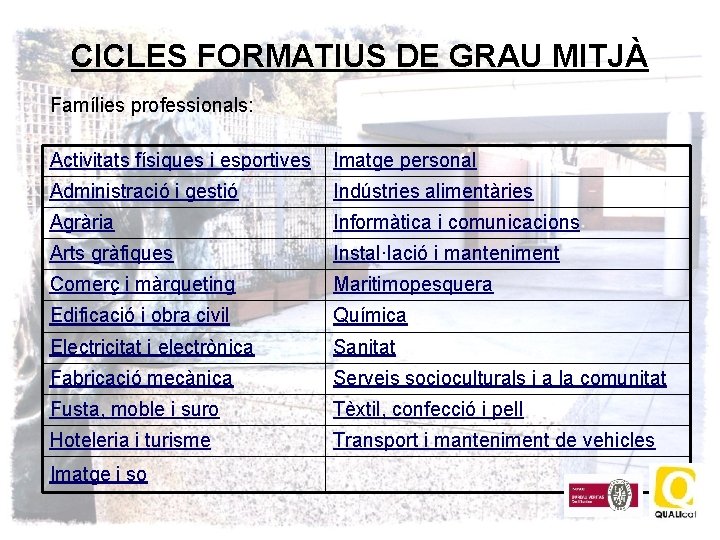 CICLES FORMATIUS DE GRAU MITJÀ Famílies professionals: Activitats físiques i esportives Imatge personal Administració