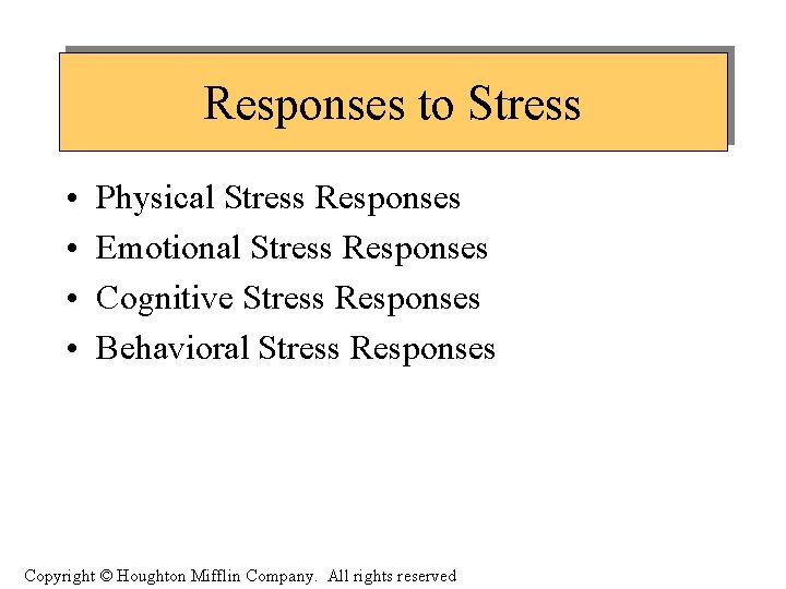 Responses to Stress • • Physical Stress Responses Emotional Stress Responses Cognitive Stress Responses