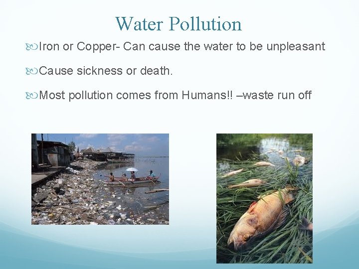 Water Pollution Iron or Copper- Can cause the water to be unpleasant Cause sickness