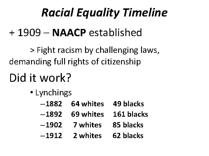 Racial Equality Timeline + 1909 – NAACP established > Fight racism by challenging laws,