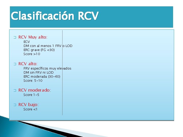 Clasificación RCV � RCV Muy alto: ECV DM con al menos 1 FRV o