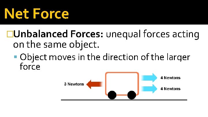 Net Force �Unbalanced Forces: unequal forces acting on the same object. Object moves in
