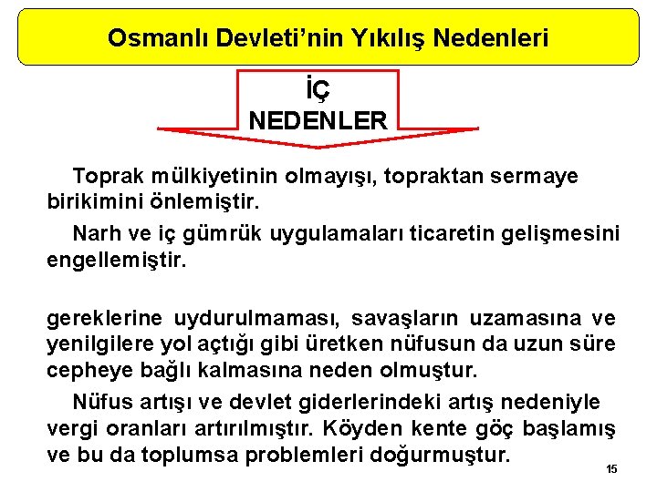 Osmanlı Devleti’nin Yıkılış Nedenleri İÇ NEDENLER Toprak mülkiyetinin olmayışı, topraktan sermaye birikimini önlemiştir. Narh