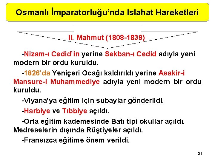 Osmanlı İmparatorluğu’nda Islahat Hareketleri II. Mahmut (1808 -1839) -Nizam-ı Cedid’in yerine Sekban-ı Cedid adıyla