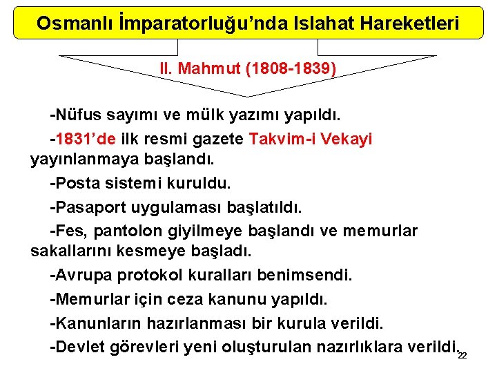 Osmanlı İmparatorluğu’nda Islahat Hareketleri II. Mahmut (1808 -1839) -Nüfus sayımı ve mülk yazımı yapıldı.
