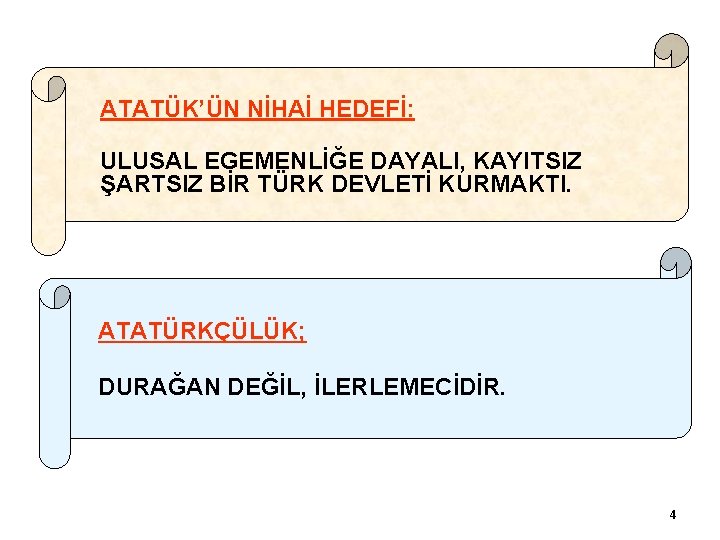 ATATÜK’ÜN NİHAİ HEDEFİ: ULUSAL EGEMENLİĞE DAYALI, KAYITSIZ ŞARTSIZ BİR TÜRK DEVLETİ KURMAKTI. ATATÜRKÇÜLÜK; DURAĞAN