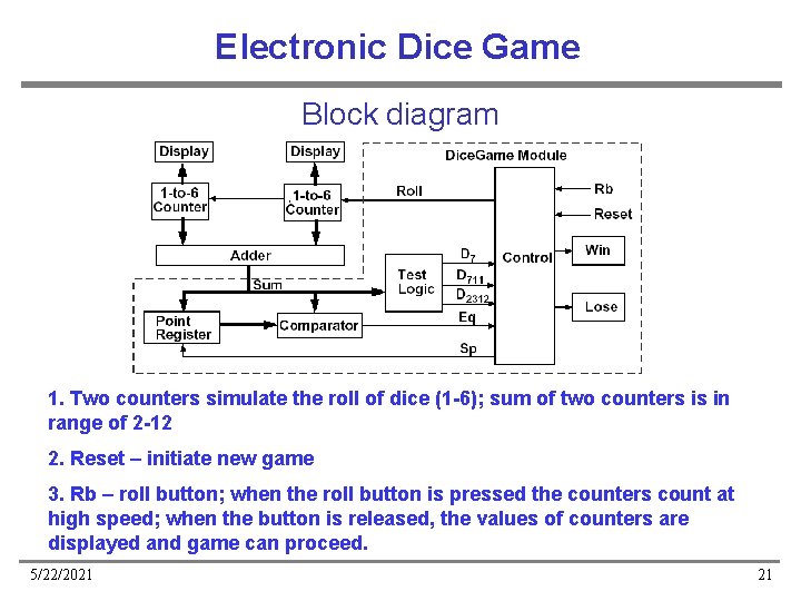 Electronic Dice Game Block diagram 1. Two counters simulate the roll of dice (1