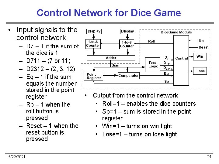 Control Network for Dice Game • Input signals to the control network – D