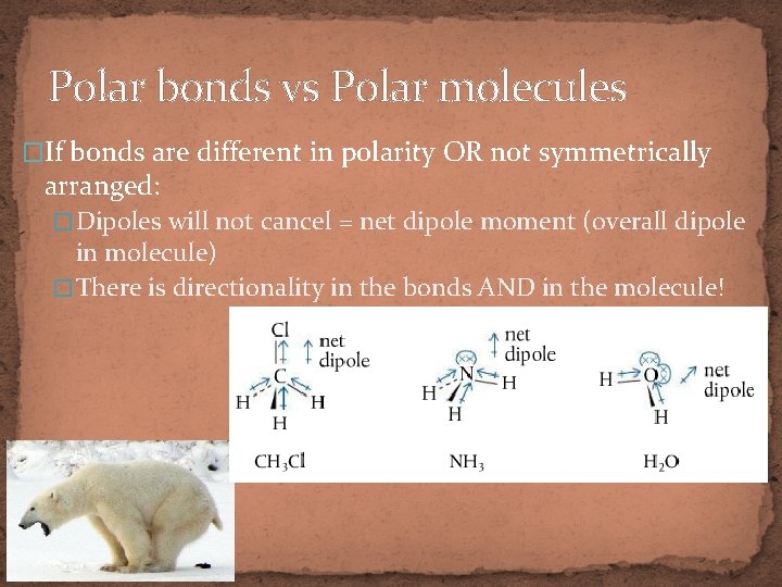 Polar bonds vs Polar molecules �If bonds are different in polarity OR not symmetrically