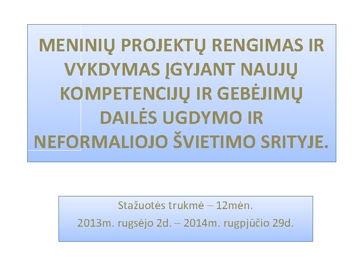 MENINIŲ PROJEKTŲ RENGIMAS IR VYKDYMAS ĮGYJANT NAUJŲ KOMPETENCIJŲ IR GEBĖJIMŲ DAILĖS UGDYMO IR NEFORMALIOJO MENINIŲ PROJEKTŲ RENGIMAS IR VYKDYMAS ĮGYJANT NAUJŲ KOMPETENCIJŲ IR GEBĖJIMŲ DAILĖS UGDYMO IR NEFORMALIOJO