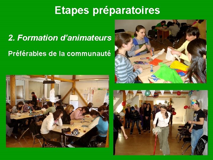 Etapes préparatoires 2. Formation d’animateurs Préférables de la communauté 