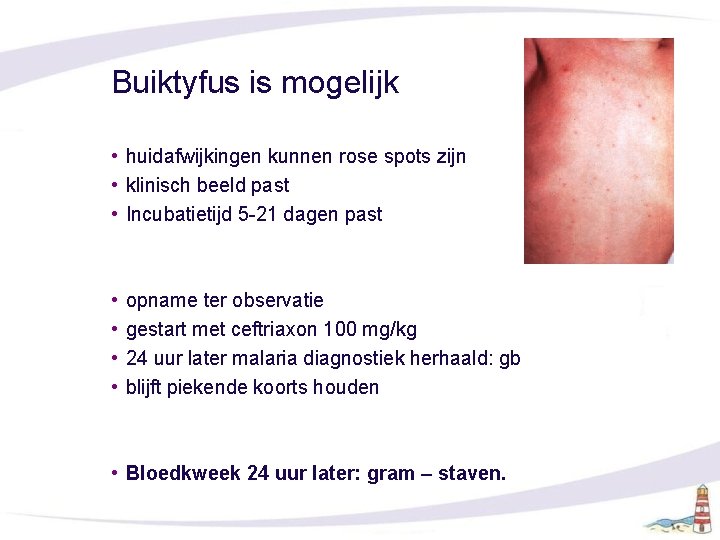 Buiktyfus is mogelijk • huidafwijkingen kunnen rose spots zijn • klinisch beeld past •