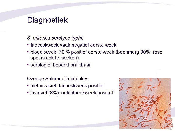 Diagnostiek S. enterica serotype typhi: • faeceskweek vaak negatief eerste week • bloedkweek: 70