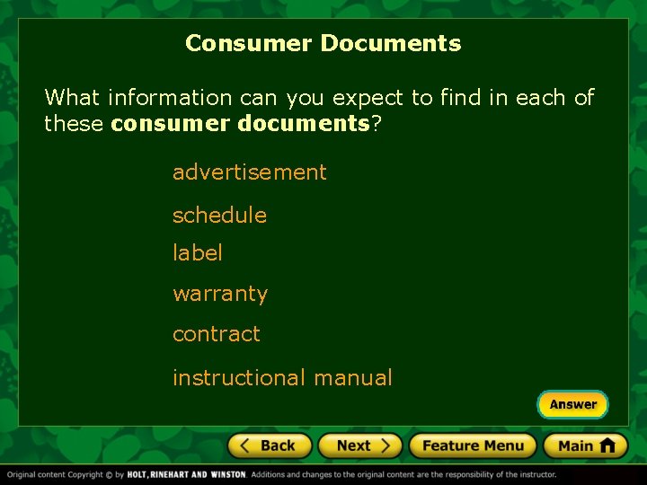 Consumer Documents What information can you expect to find in each of these consumer