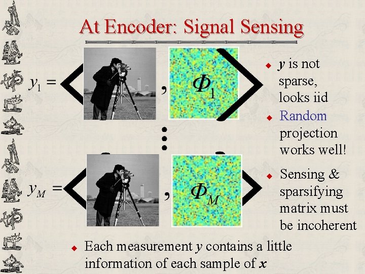 At Encoder: Signal Sensing u u Sensing & sparsifying matrix must be incoherent Each