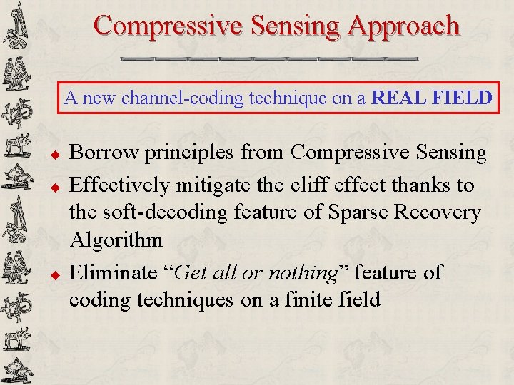 Compressive Sensing Approach A new channel-coding technique on a REAL FIELD u u u