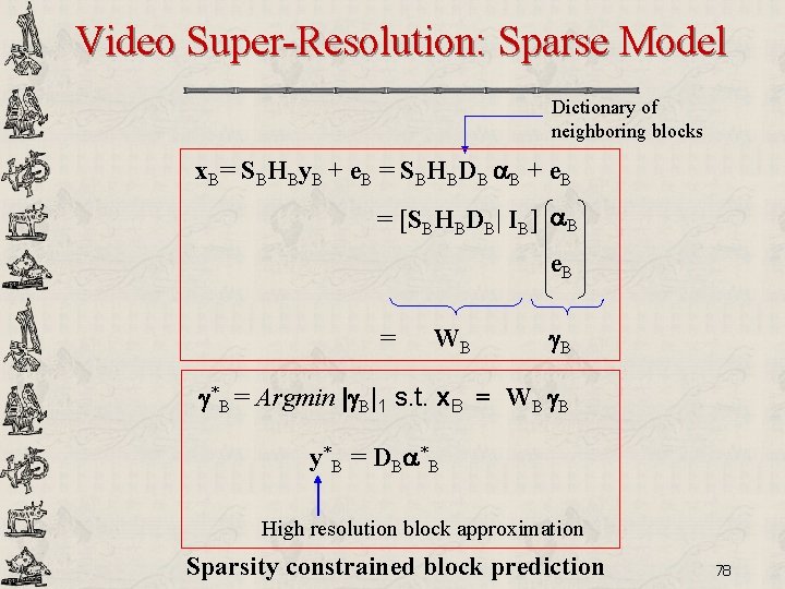 Video Super-Resolution: Sparse Model Dictionary of neighboring blocks x. B= SBHBy. B + e.