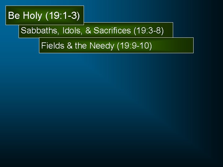 Be Holy (19: 1 -3) Sabbaths, Idols, & Sacrifices (19: 3 -8) Fields &