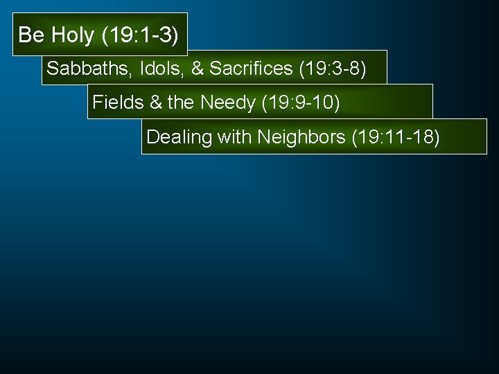 Be Holy (19: 1 -3) Sabbaths, Idols, & Sacrifices (19: 3 -8) Fields &