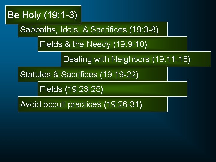 Be Holy (19: 1 -3) Sabbaths, Idols, & Sacrifices (19: 3 -8) Fields &