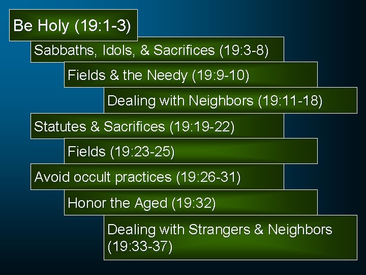 Be Holy (19: 1 -3) Sabbaths, Idols, & Sacrifices (19: 3 -8) Fields &