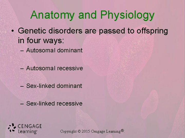 Anatomy and Physiology • Genetic disorders are passed to offspring in four ways: –