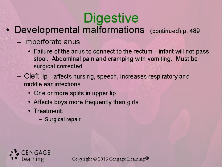 Digestive • Developmental malformations (continued) p. 489 – Imperforate anus • Failure of the