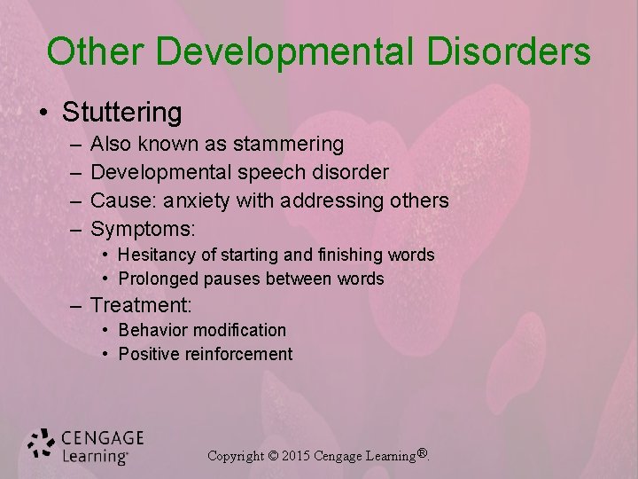 Other Developmental Disorders • Stuttering – – Also known as stammering Developmental speech disorder