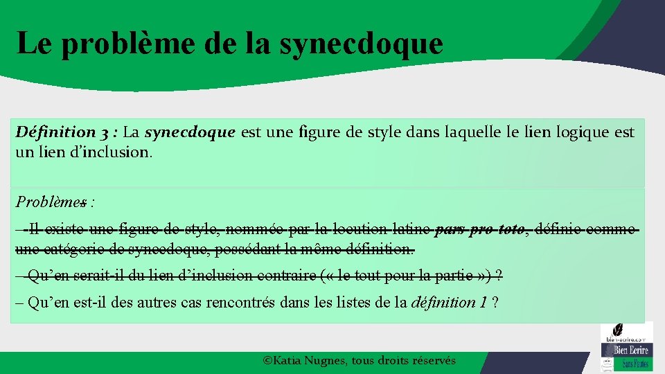 Le problème de la synecdoque Définition 3 : La synecdoque est une figure de