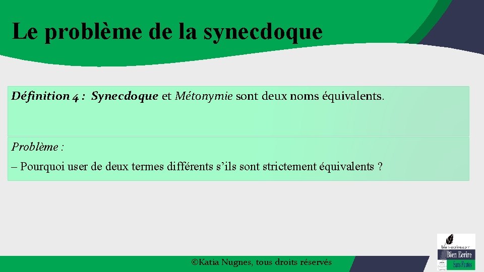 Le problème de la synecdoque Définition 4 : Synecdoque et Métonymie sont deux noms