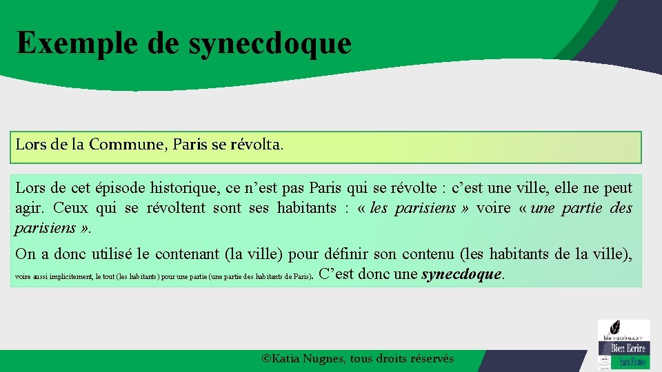 Exemple de synecdoque Lors de la Commune, Paris se révolta. Lors de cet épisode